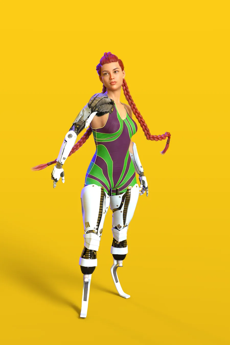 A colorful science-fiction adventurer with mechanical limbs