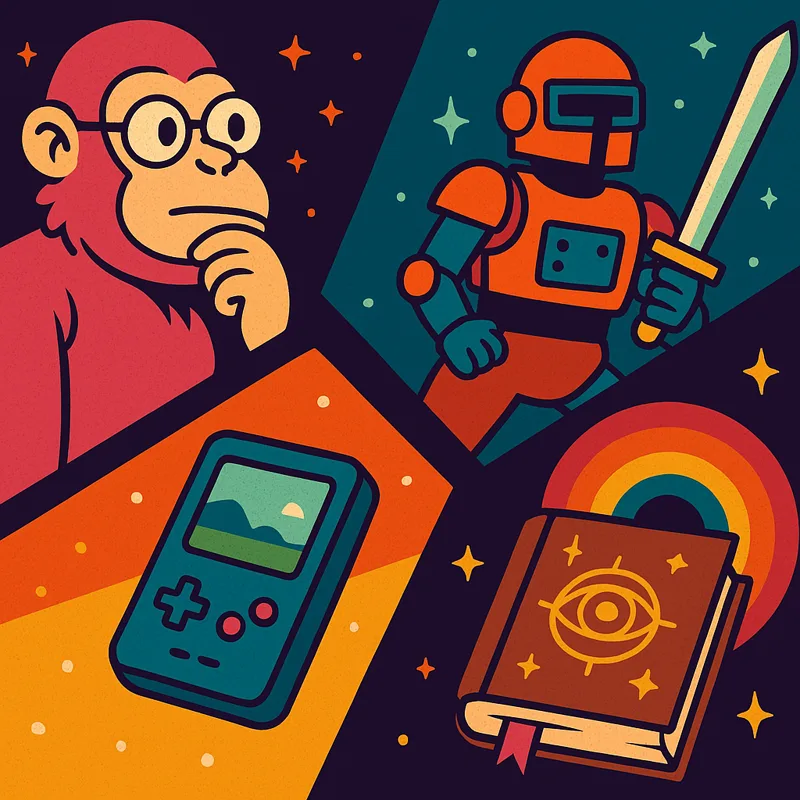 Colorful illustrations suggesting books, retro video games, fantasy, and digital worlds