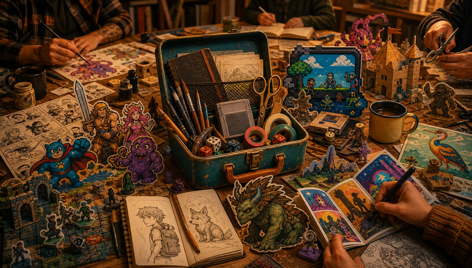 An open maker's box at a communal table surrounded by comics, games, creatures, sketches, and works in progress