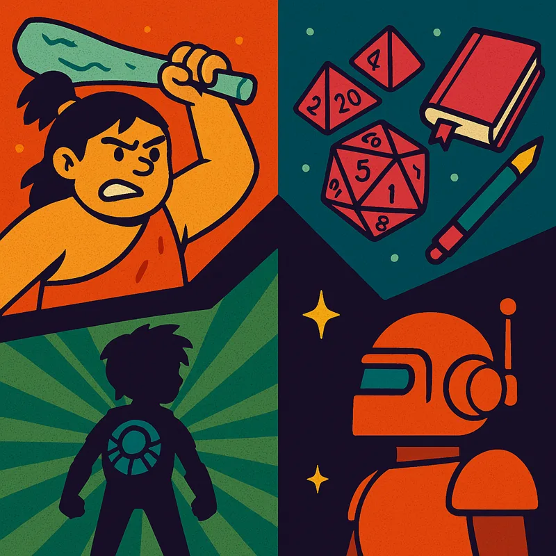 Colorful illustrations of tabletop dice, books, characters, and game pieces