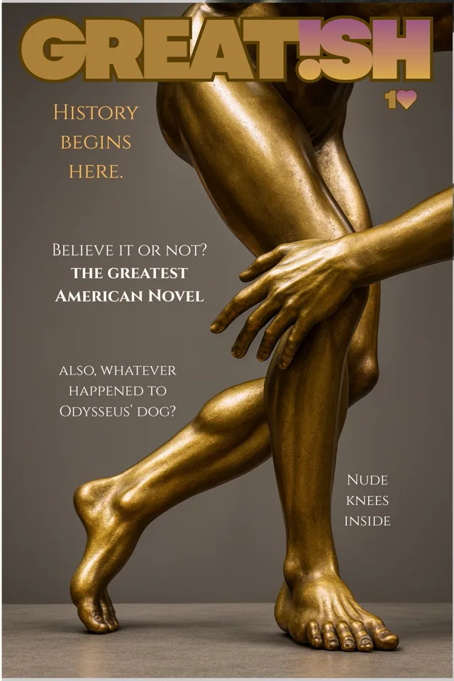 Greatish issue 1A cover featuring a gold statue and headlines about American novels and Odysseus's dog