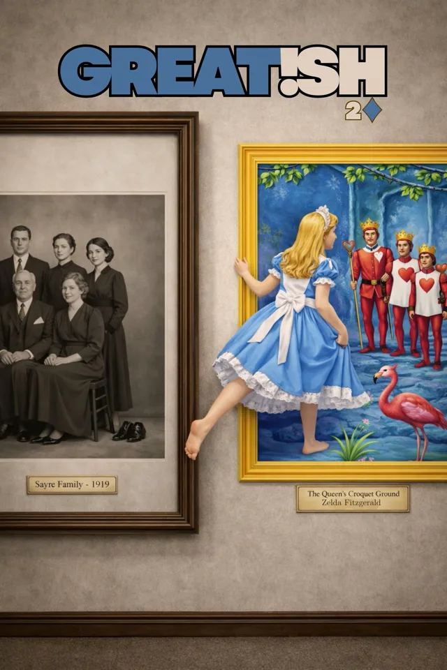 Greatish issue 2D cover showing Zelda Fitzgerald crossing from a family portrait into Wonderland