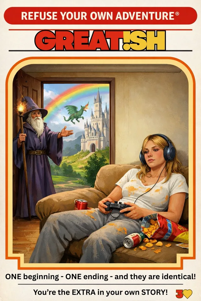 Greatish issue 3A cover, Refuse Your Own Adventure, featuring a player ignoring a wizard's invitation