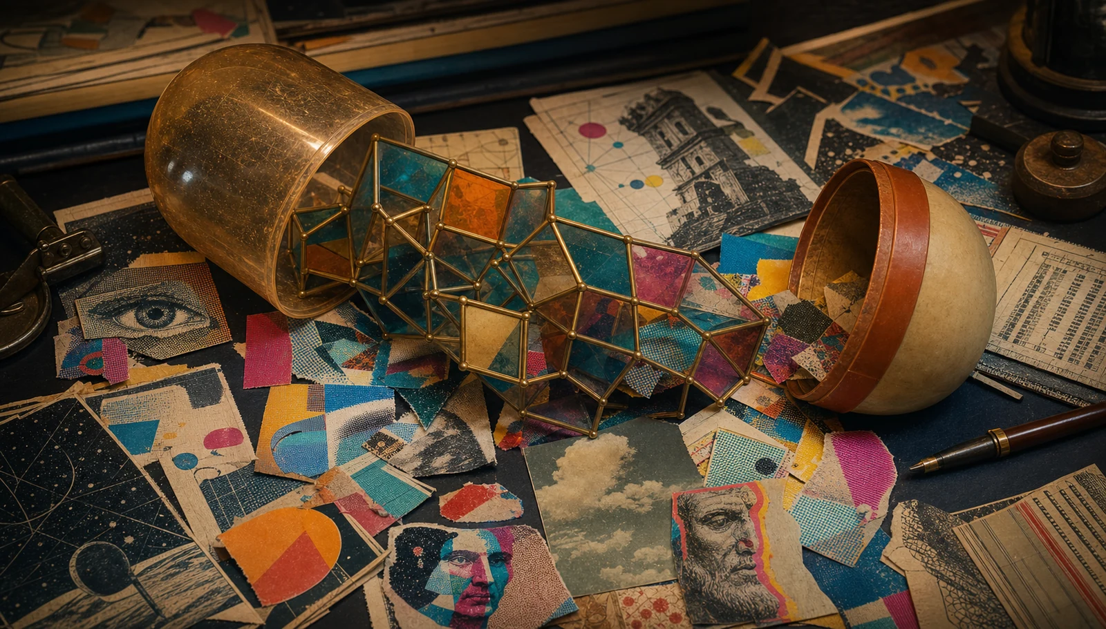 The Greatish capsule opened across an editor's desk, releasing an impossible dimensional model and a vivid disorder of printed ideas
