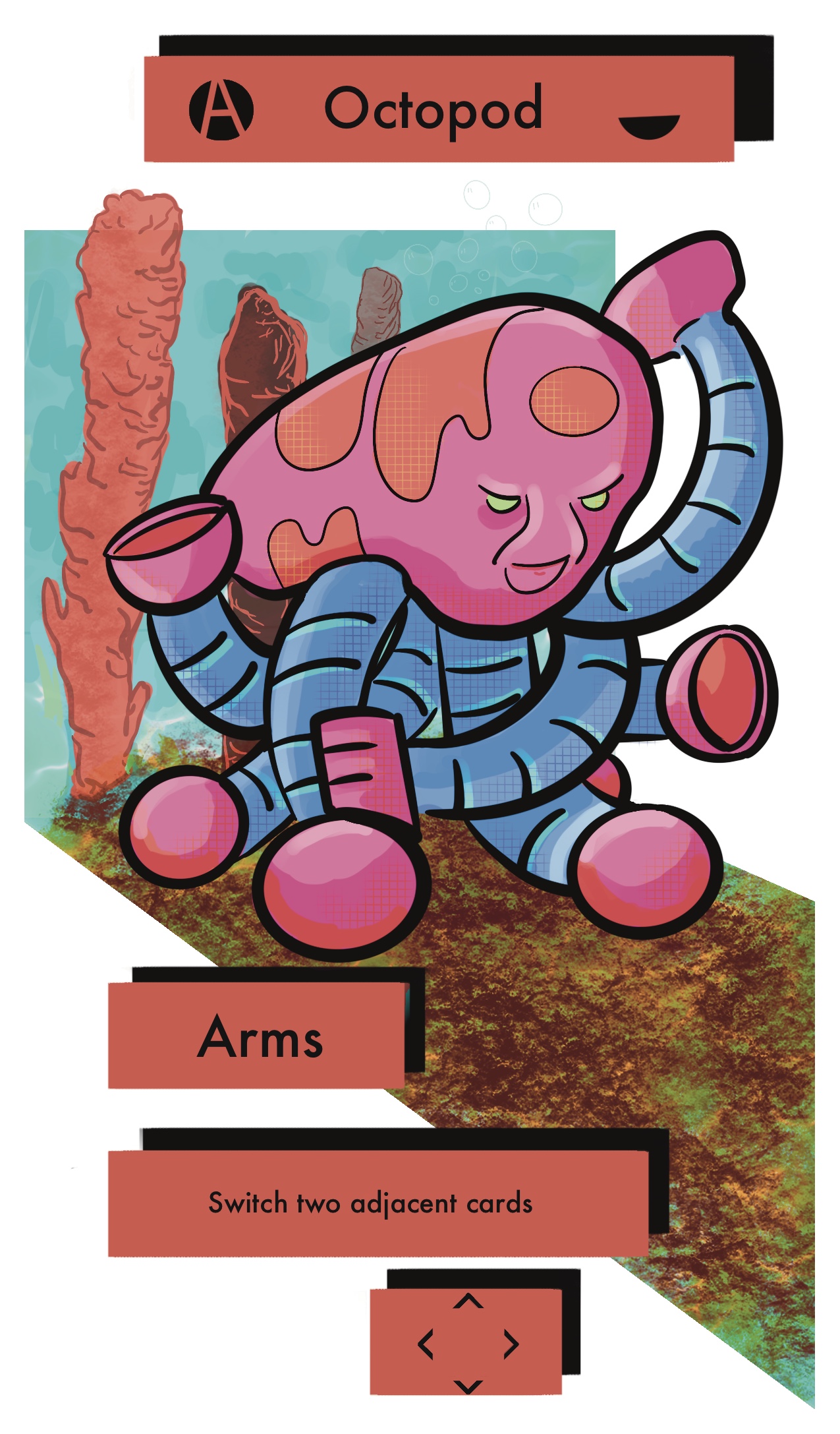 Octopod, a pink many-armed creature with mechanical blue limbs