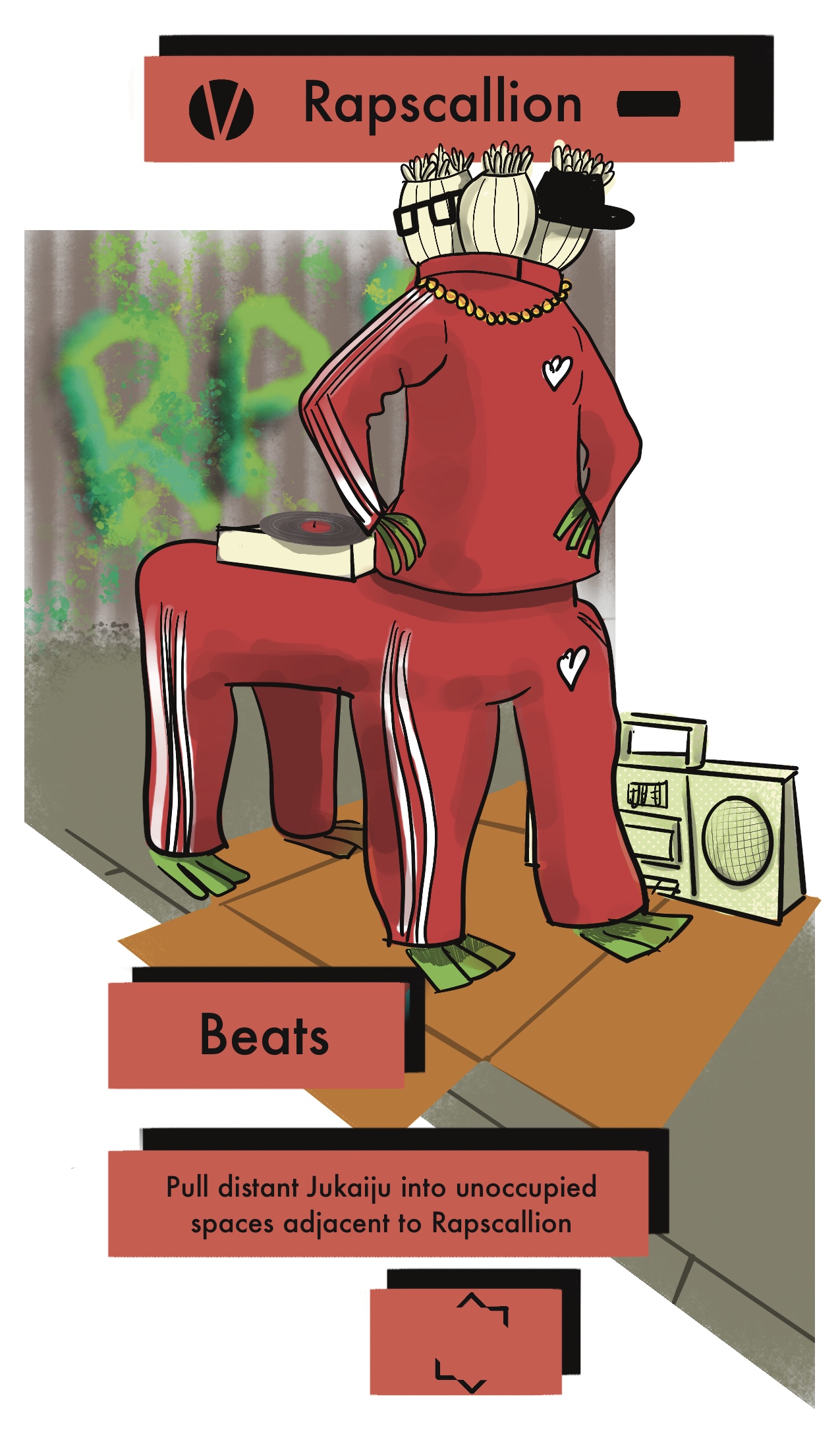 Rapscallion, a three-headed scallion DJ in a red tracksuit