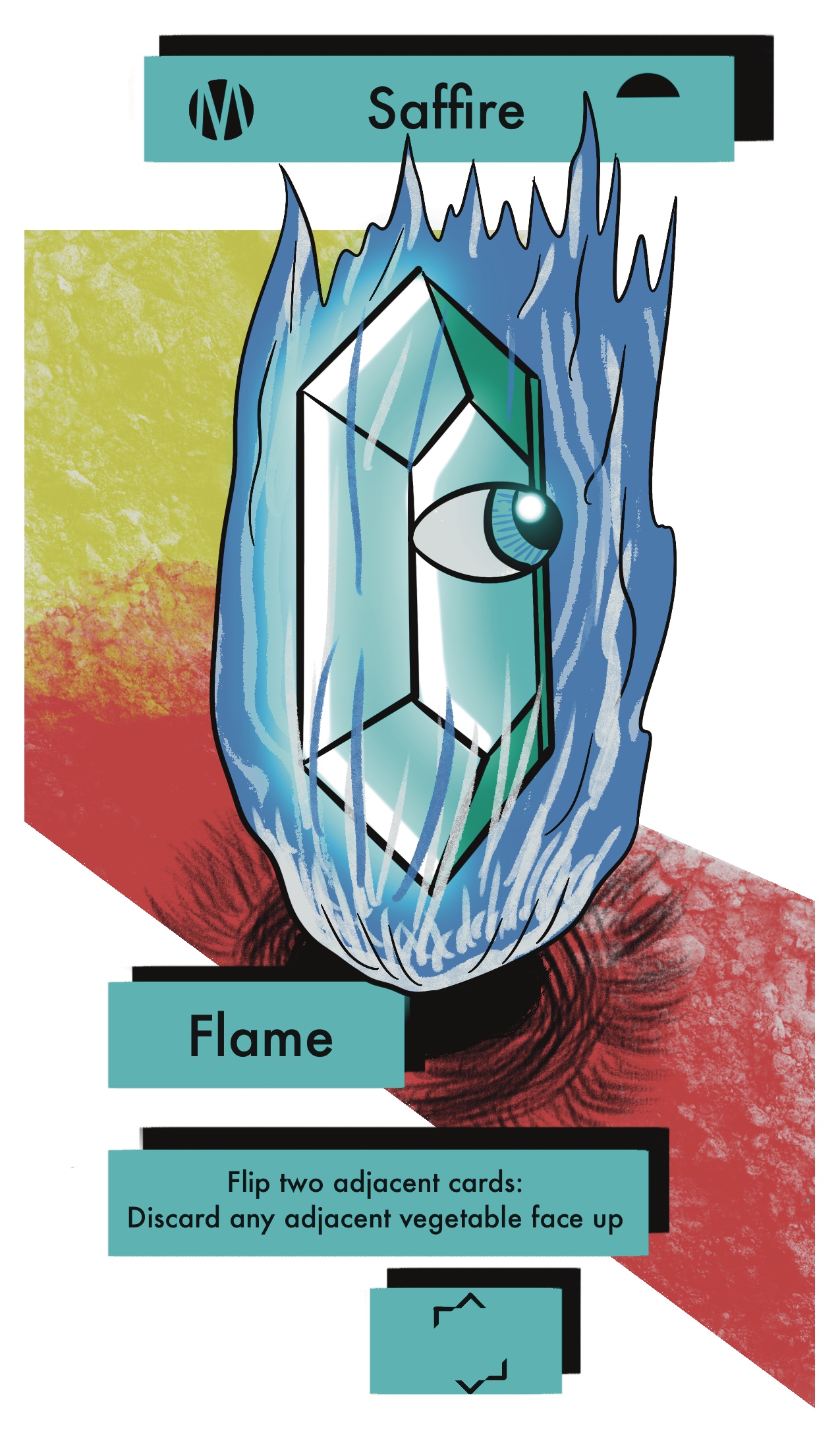 Saffire, a watchful crystal creature surrounded by blue flame