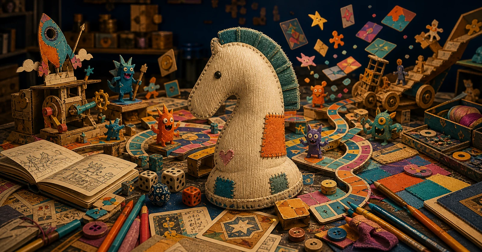 A handmade chess-knight lovie on a vivid workbench where games and playful mechanisms are assembling themselves