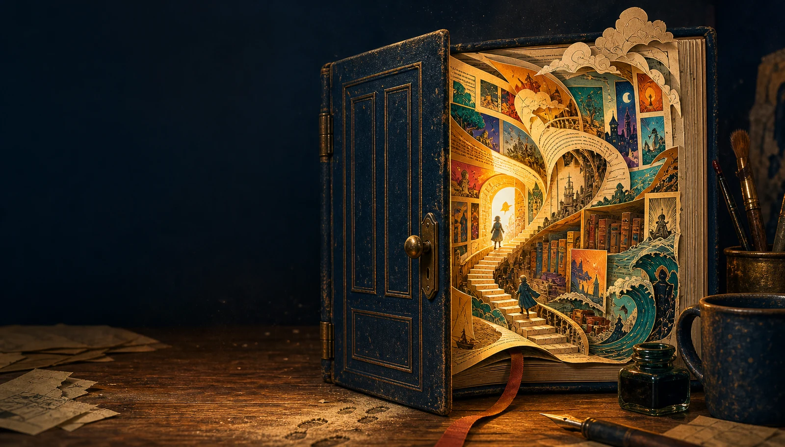 A traditional book-door opened into luminous paper architecture, comics, stories, and illustrated worlds