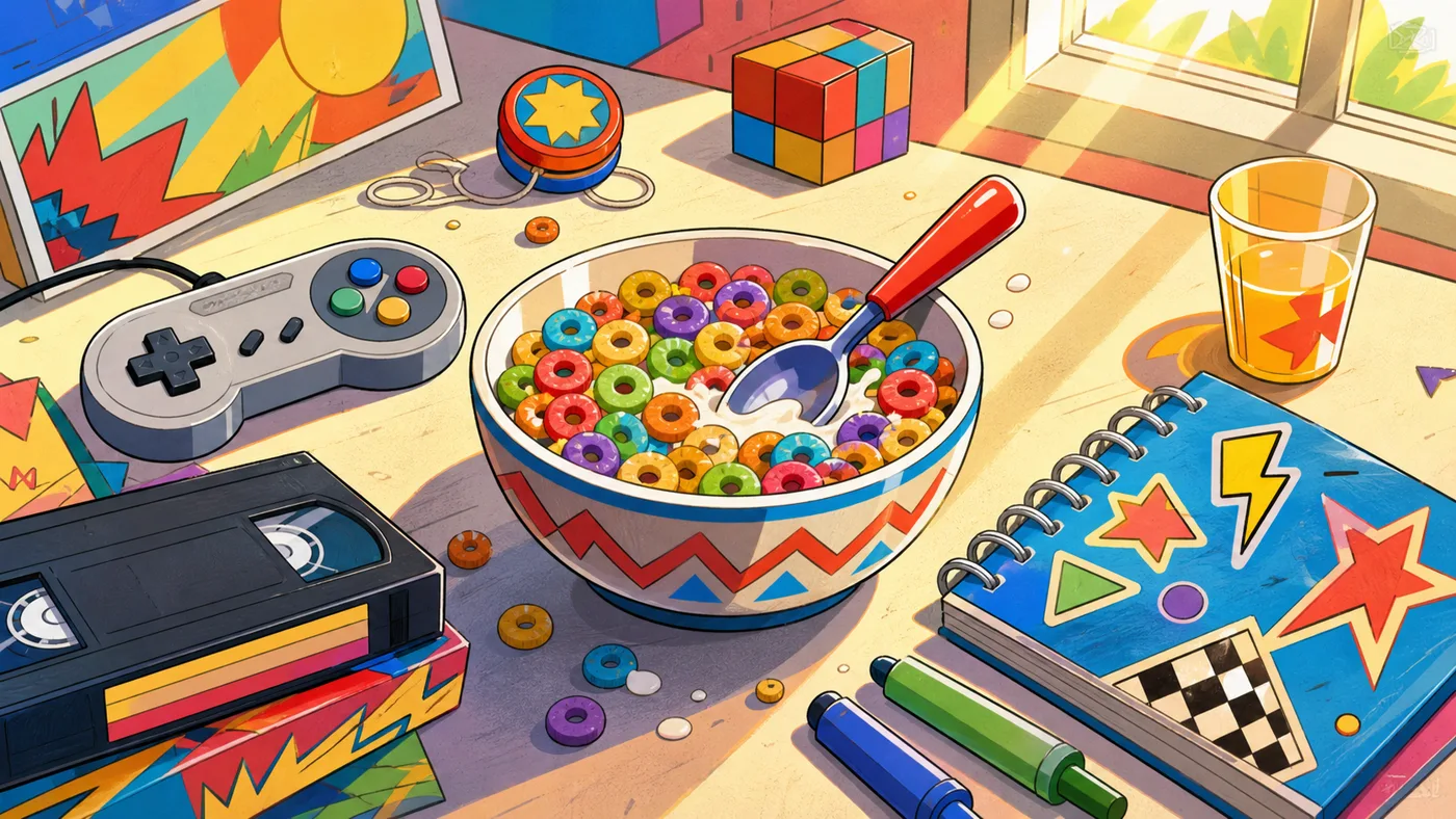 A colorful Saturday morning breakfast table with cereal, controller, VHS tapes, and drawing supplies