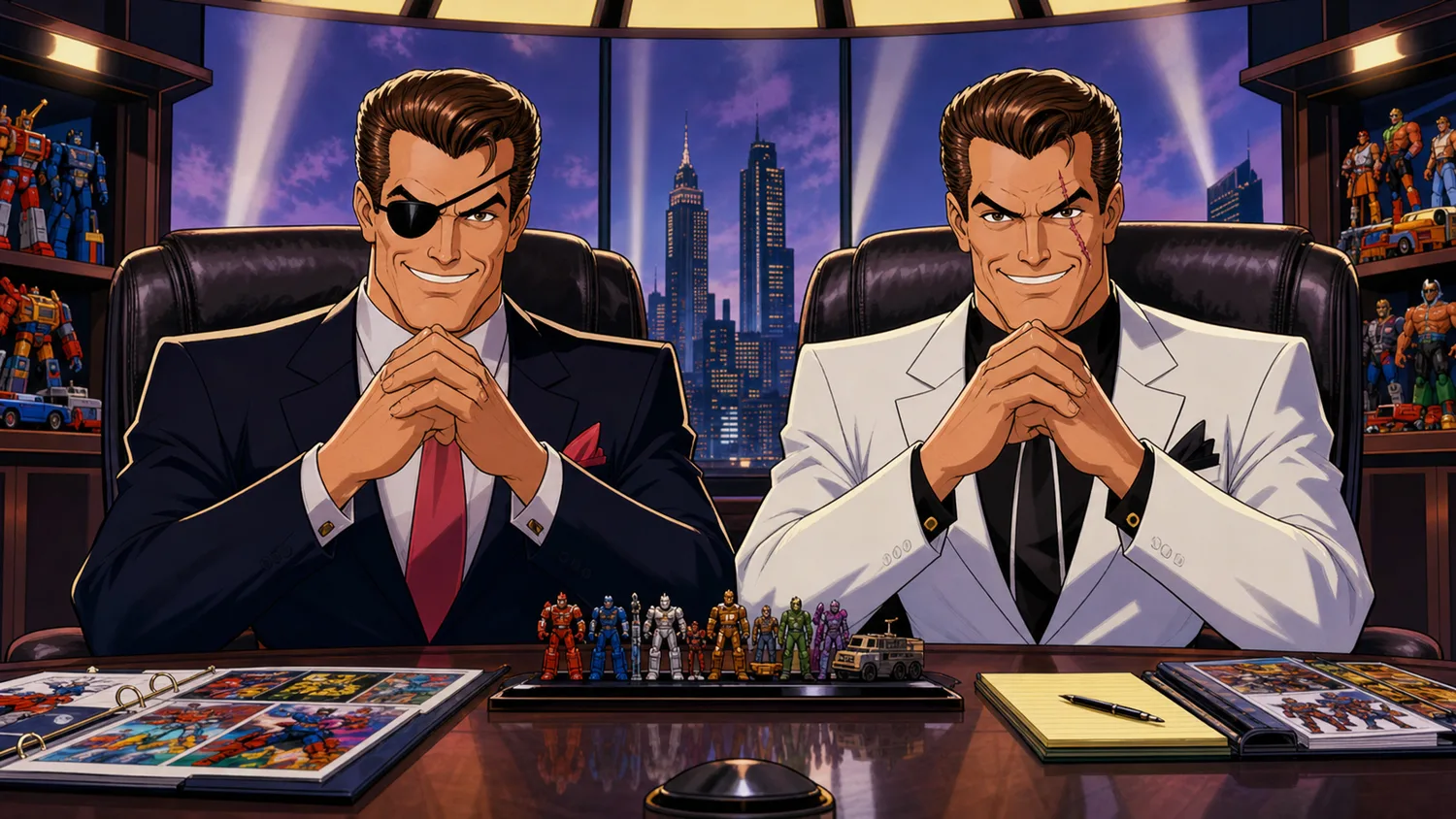 The Play brothers seated at an executive desk surrounded by action figures and cartoon designs