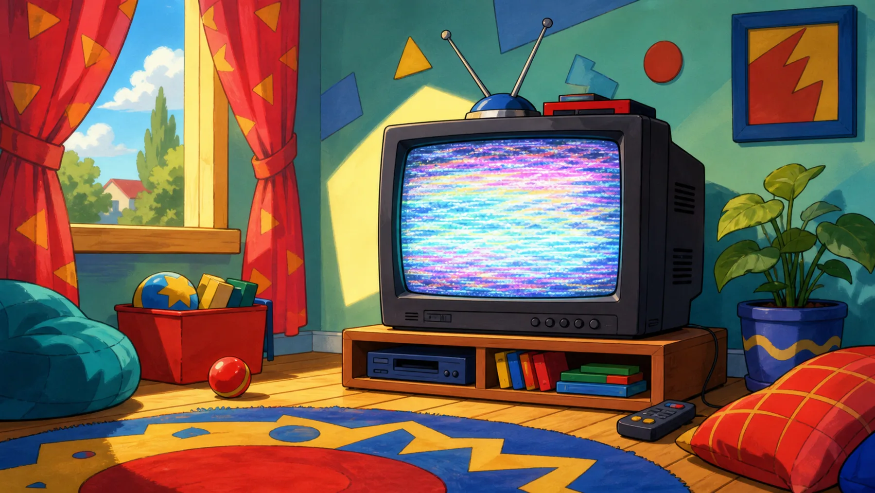 A glowing television in a nostalgic Saturday morning living room