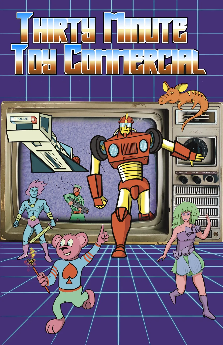 Retro cartoon heroes emerging from an old television
