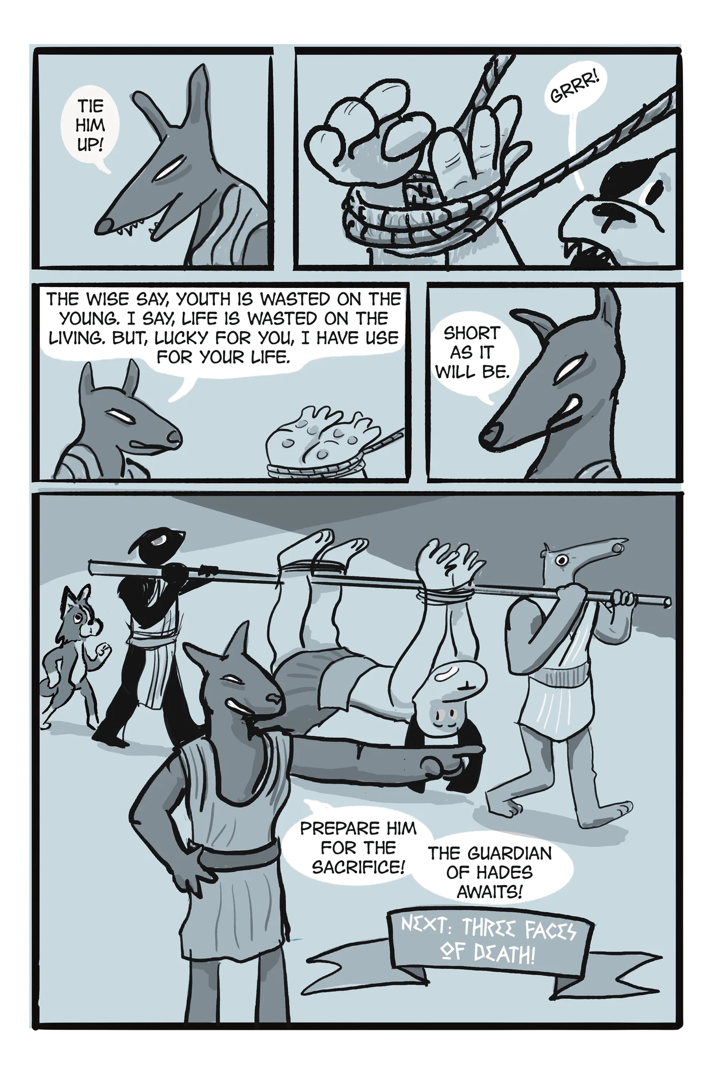 An Argos comic page showing animal guards preparing a captive for sacrifice to the guardian of Hades