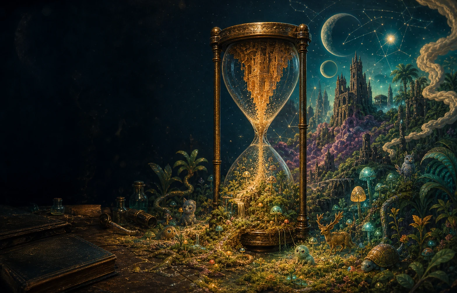 An hourglass releasing a living world of luminous plants, creatures, constellations, and ruined towers